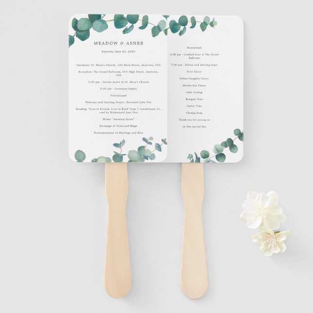 Leque Programa Casamento Eucalyptus Adelaide Watercolor (Frente e Verso)