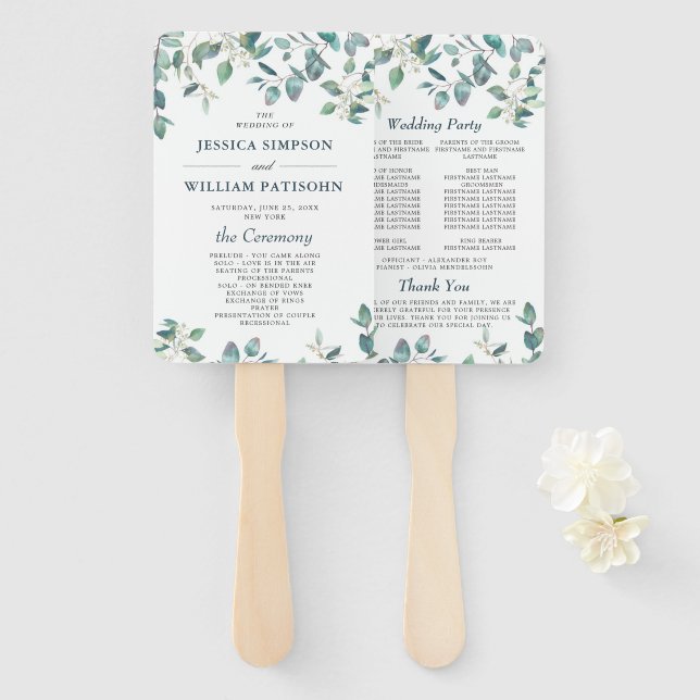 Leque Programa Casamento Eucalyptus de Aquarela Elegante (Frente e Verso)