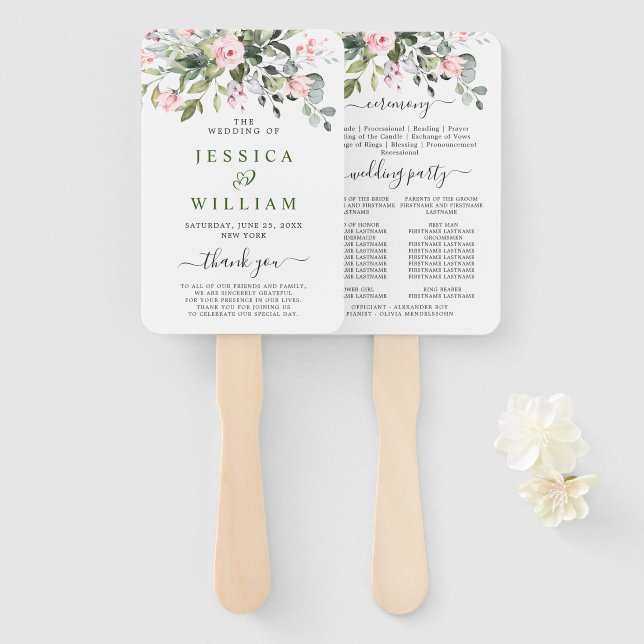 Leque Programa Casamento Eucalyptus de Aquarela Elegante (Frente e Verso)