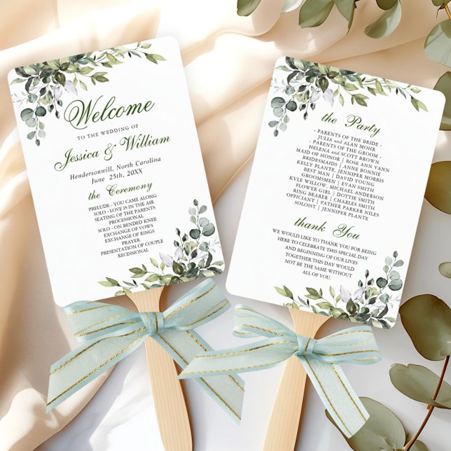 Leque Programa Casamento Eucalyptus de Aquarela Elegante (Criador carregado)