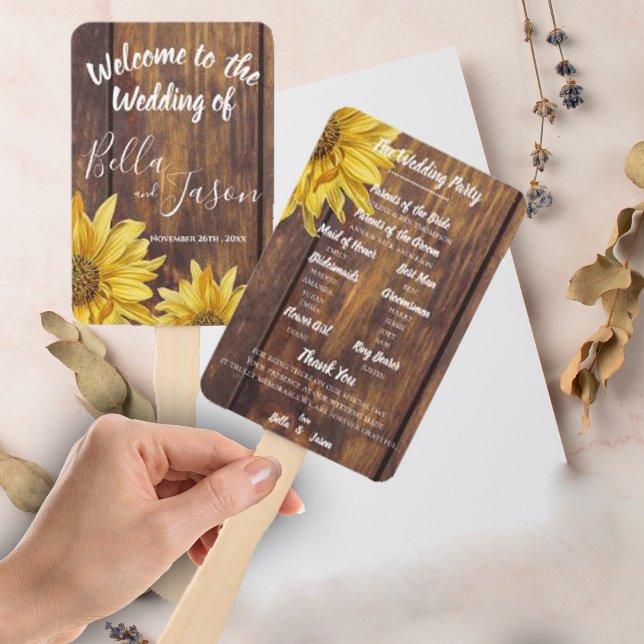 Leque Programa Casamento Madeira Rústica Casamento Giras (Wedding Program Rustic Wood Sunflower Wedding Hand Fan)