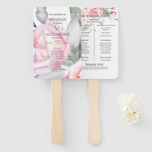 Leque Programa Casamento | Rosas Rosa-Cágua (Frente e Verso)