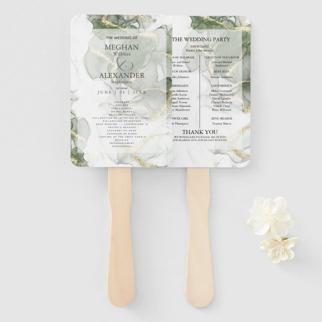 Leque Programa Casamento | Tinta Verde Dourada Sage com  (Frente e Verso)