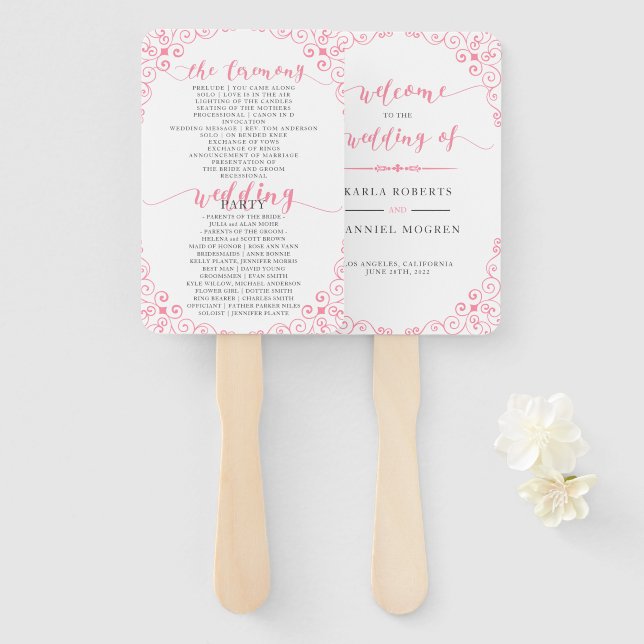 Leque "Programa Casamento" Tipografia Rosa e Quadro Vint (Frente e Verso)