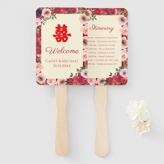 Leque Programa chinês de dupla felicidade do jardim de c (Frente e Verso)