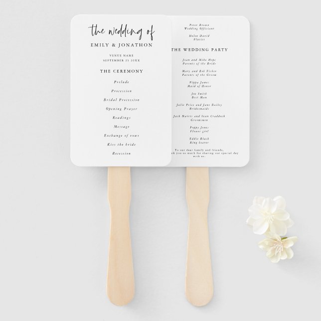Leque Programa Clássico de Casamento de Script Branco e  (Frente e Verso)