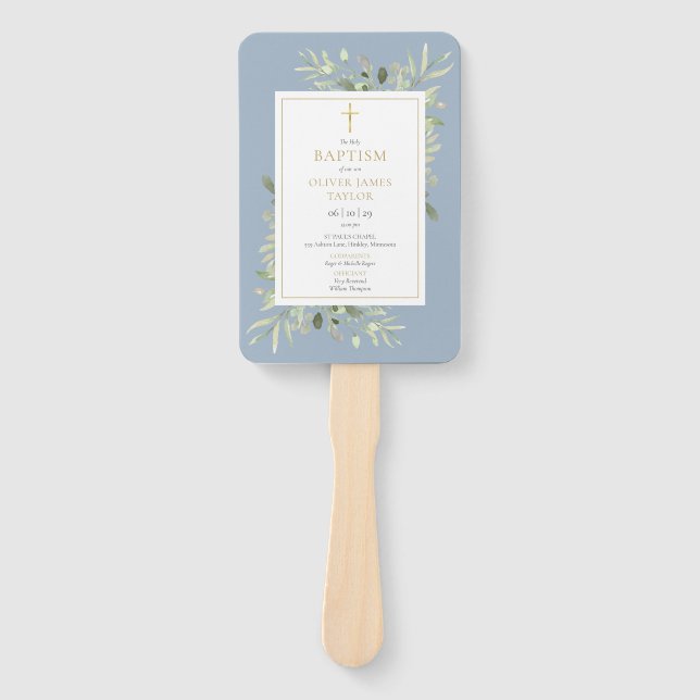Leque Programa de Batismo em Azul Poeirento com Verdura (Frente)