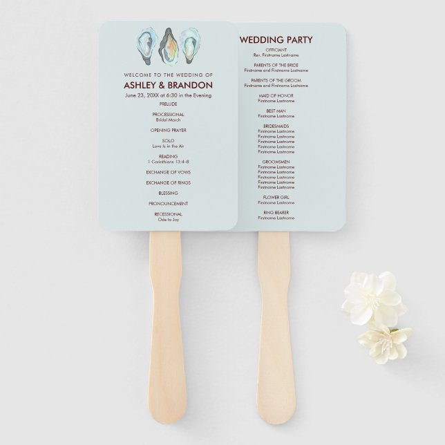Leque Programa de Casamento à Beira-Mar Oyster (Frente e Verso)