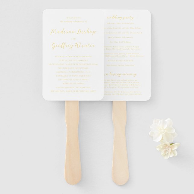 Leque Programa de Casamento Amarelo Manteiga Roscrito em (Frente e Verso)