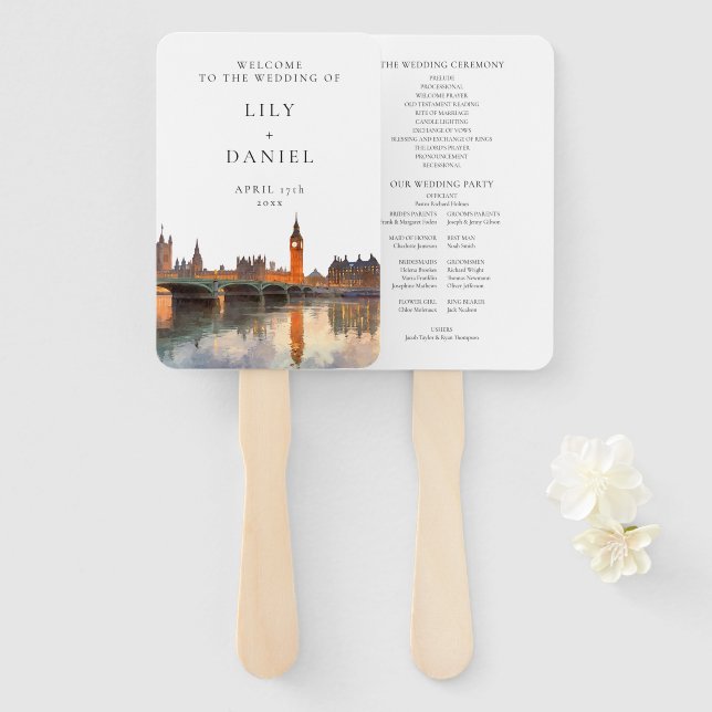 Leque Programa de Casamento Aquarela da Paisagem de Lond (Frente e Verso)