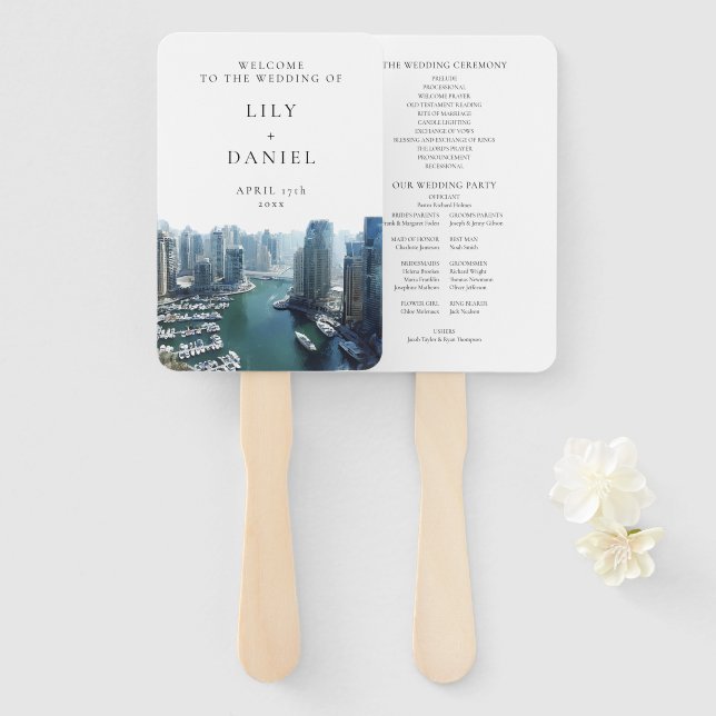 Leque Programa de Casamento Aquarela da Silhueta de Duba (Frente e Verso)