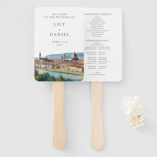 Leque Programa de Casamento Aquarela da Silhueta de Flor (Frente e Verso)
