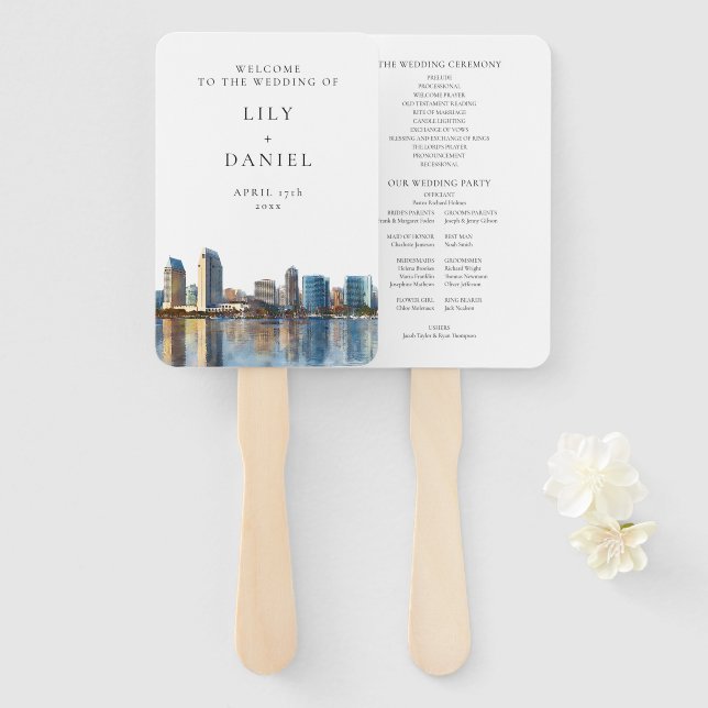 Leque Programa de Casamento Aquarela da Silhueta de San  (Frente e Verso)