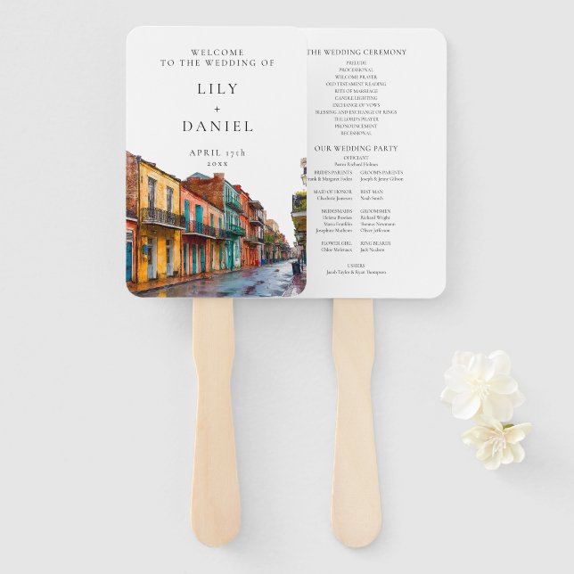 Leque Programa de Casamento Aquarela de Nova Orleans (Frente e Verso)