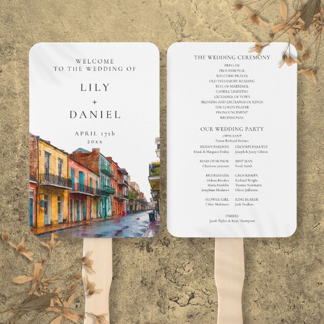 Leque Programa de Casamento Aquarela de Nova Orleans (New Orleans Watercolor Wedding Program Hand Fan)