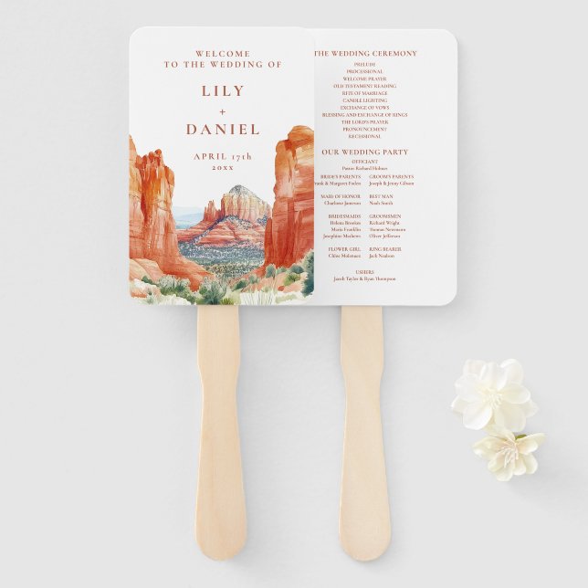 Leque Programa de Casamento Aquarela Montanha do Deserto (Frente e Verso)