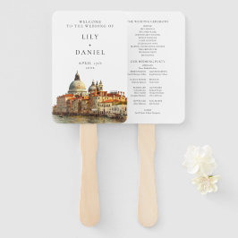 Leque Programa de Casamento Aquarela Silhueta de Veneza