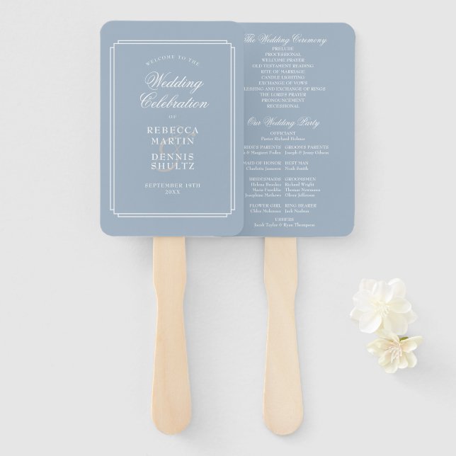 Leque Programa de Casamento Art Déco Clássico Azul Empoe (Frente e Verso)