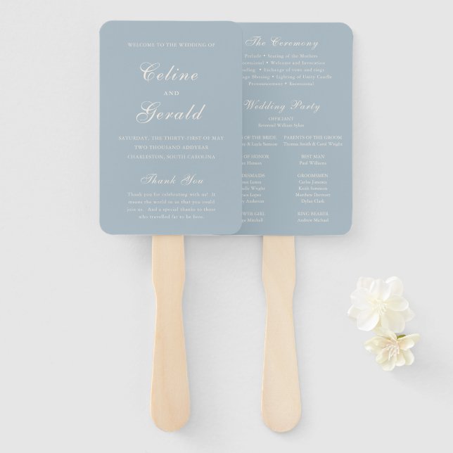 Leque Programa de Casamento Azul Clássico Sofisticado (Frente e Verso)