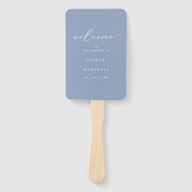 Leque Programa de Casamento Azul com Caligrafia Minimali (Frente)