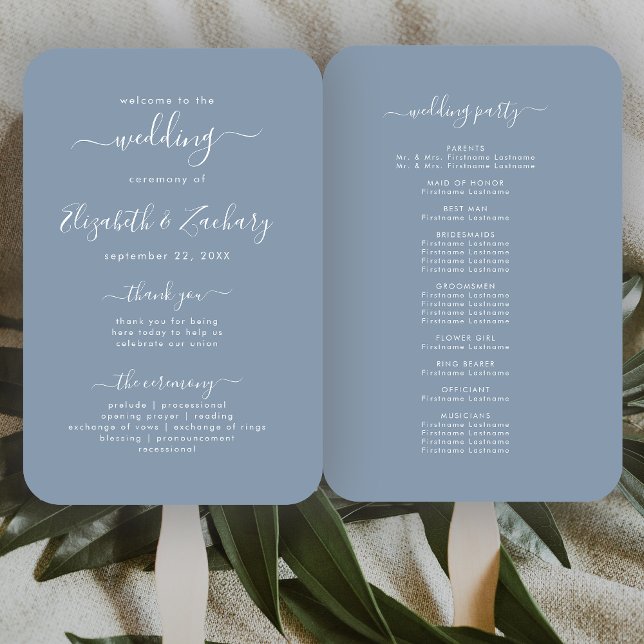Leque Programa de Casamento Azul Dusty de Script Moderno (Criador carregado)