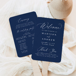 Leque Programa de Casamento Azul-Marinho com Caligrafia 
