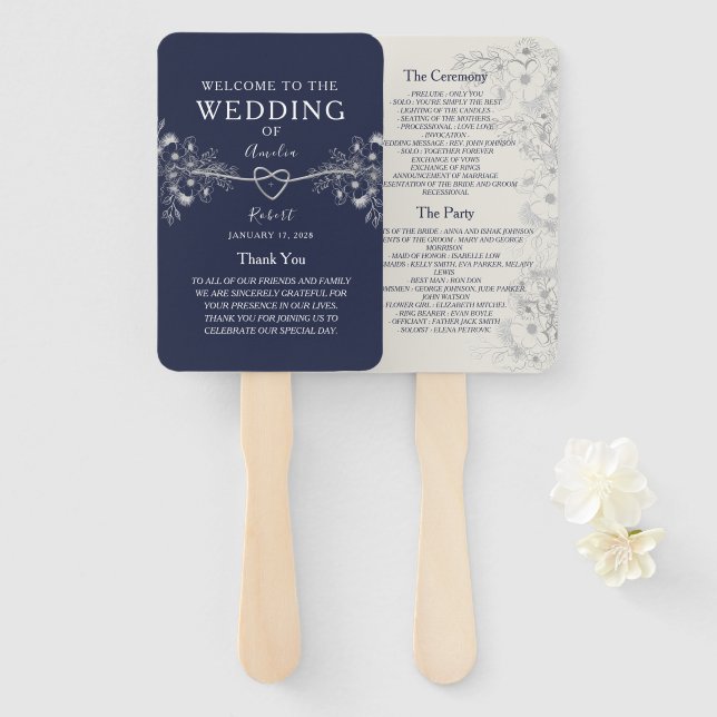 Leque Programa de Casamento Azul Marinho Elegante (Frente e Verso)