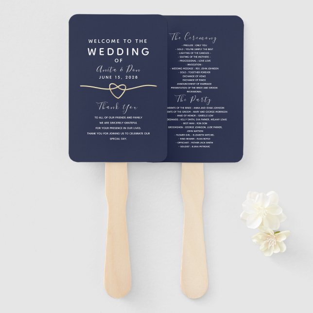 Leque Programa de Casamento Azul Marinho Moderno (Frente e Verso)