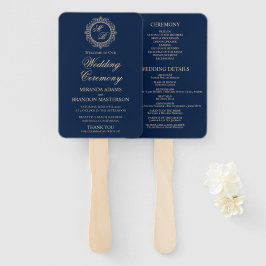 Leque Programa de Casamento Azul-Marinho Monograma Doura
