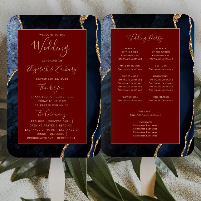 Leque Programa de Casamento Azul Naval Ágata Dourado Bur (Criador carregado)