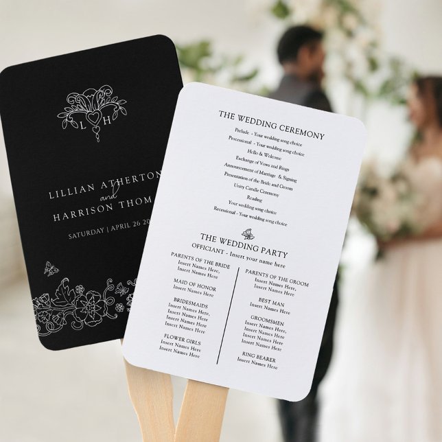 Leque Programa de casamento Black White Fleur de lis art (Criador carregado)