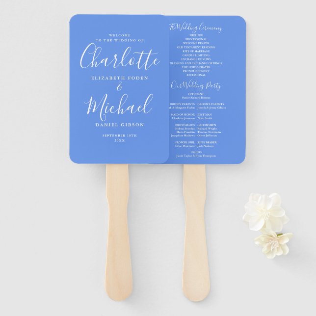 Leque Programa de Casamento Blue Cornflower Assinatura S (Frente e Verso)