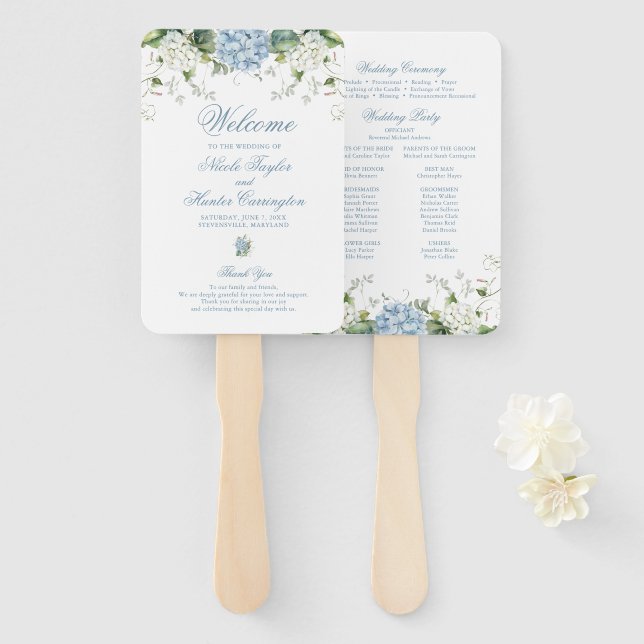 Leque Programa de Casamento Blue Hydrangea (Frente e Verso)