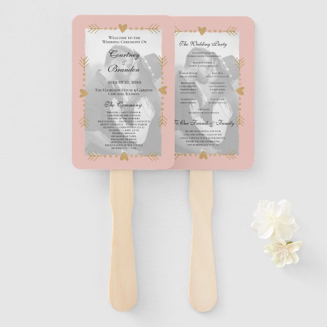 Leque Programa de Casamento Blush Modern Photo Gold Hear (Frente e Verso)