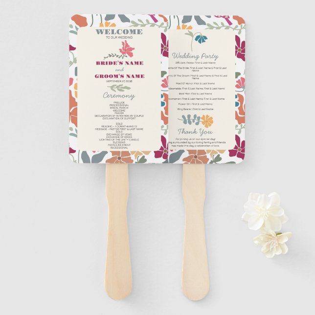 Leque Programa de Casamento Boho Chic Floral Retro Meado (Frente e Verso)