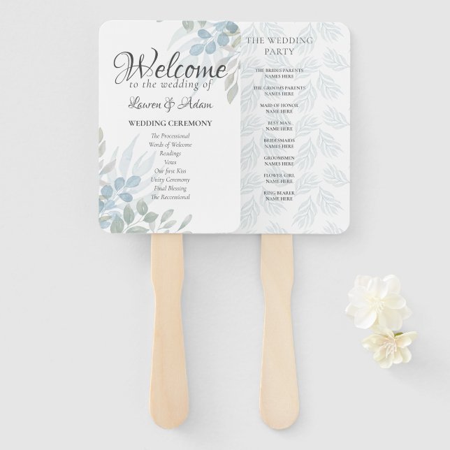 Leque Programa de Casamento Boho Eucalipto Azul Poeira (Frente e Verso)