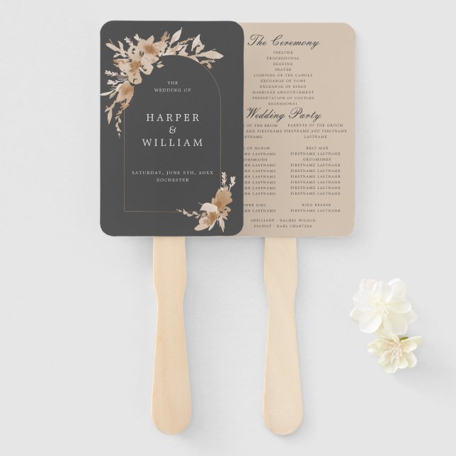 Leque programa de casamento boho peach wilflower (Frente e Verso)