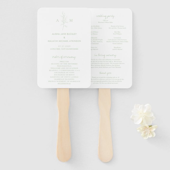 Leque Programa de Casamento Botânico Elegante em Verde S (Frente e Verso)