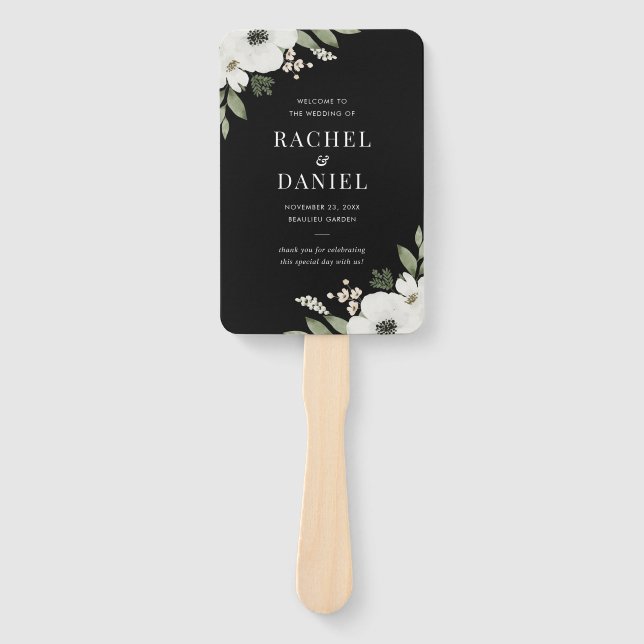 Leque Programa de Casamento Botânico Floral Preto Modern (Frente)