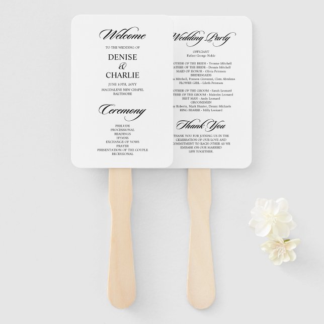 Leque Programa de Casamento Branco da Caligrafia Minimal (Frente e Verso)