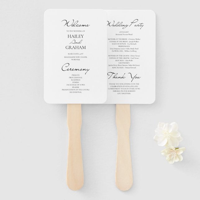 Leque Programa de Casamento Branco Minimalista de Script (Frente e Verso)