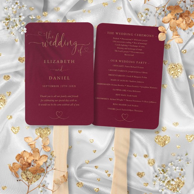 Leque Programa de Casamento Burgundy e Dourado com Calig (Heart Script Burgundy And Gold Wedding Program Hand Fan)