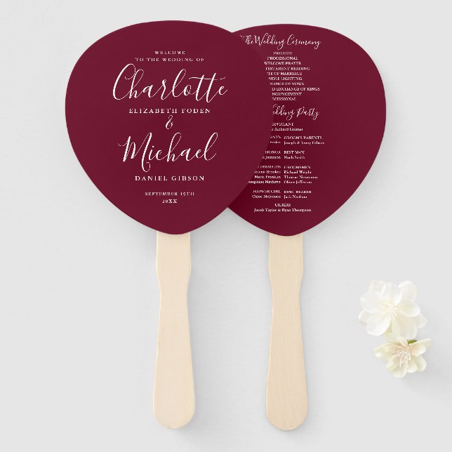 Leque Programa de Casamento Burgundy Signature Script (Frente e Verso)