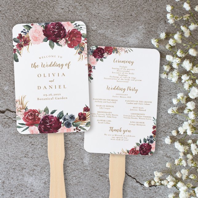 Leque Programa de casamento Burgundy Watercolor (Burgundy watercolor floral boho wedding program hand fan)