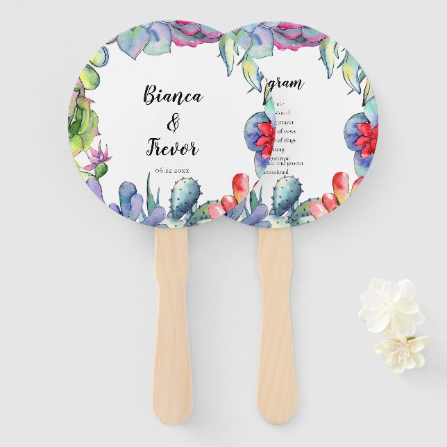 Leque Programa de casamento Cactos e suculentos (Frente e Verso)