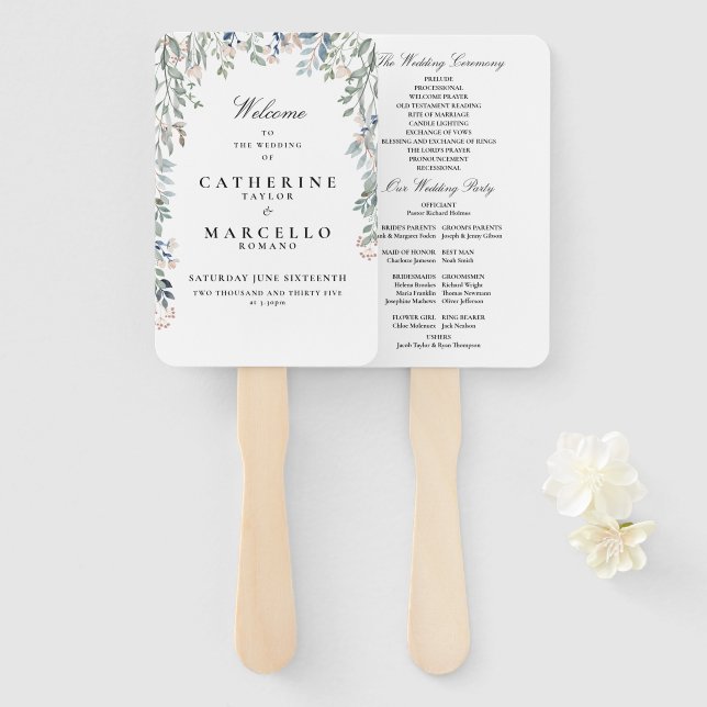 Leque Programa de Casamento Cascata Floral Elegante (Frente e Verso)