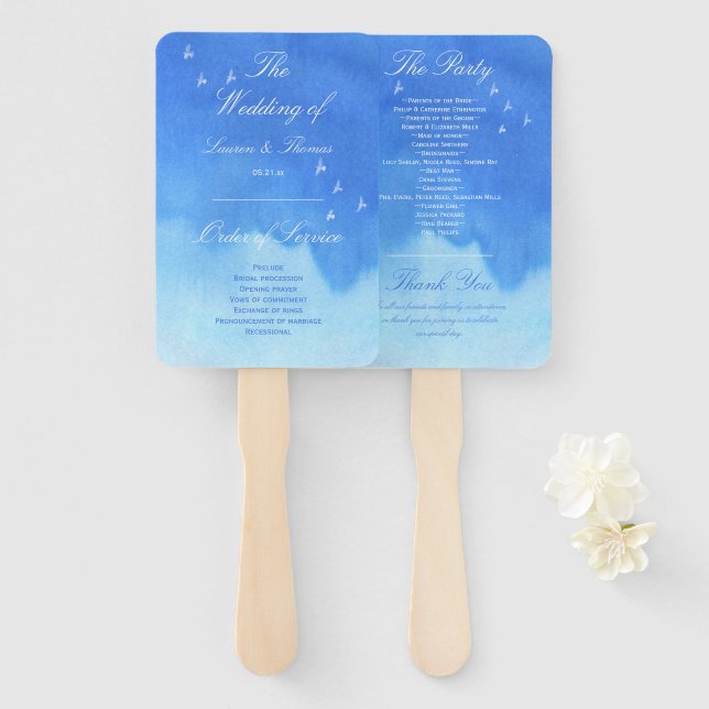 Leque Programa de Casamento Céu Azul Aquarela & Pombas (Frente e Verso)
