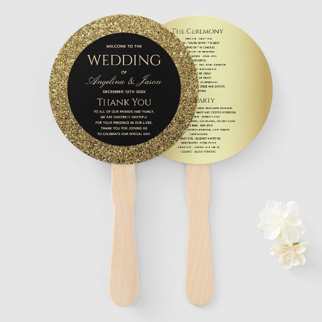 Leque Programa de Casamento Chic Dourado e Preto (Frente e Verso)