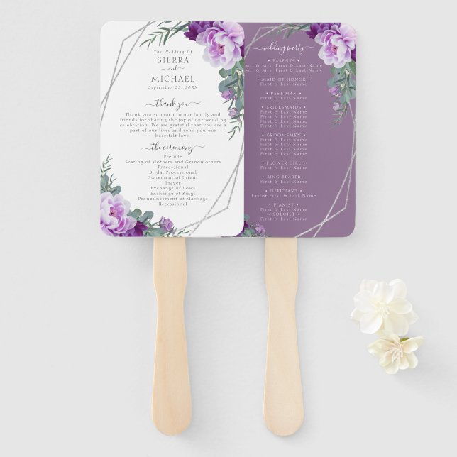 Leque Programa de Casamento Chic Floral Purple & Silver (Frente e Verso)