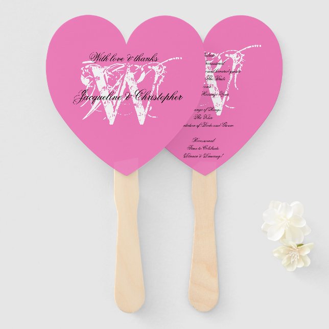 Leque Programa de Casamento Chic Monograma Rosa e Branco (Frente e Verso)